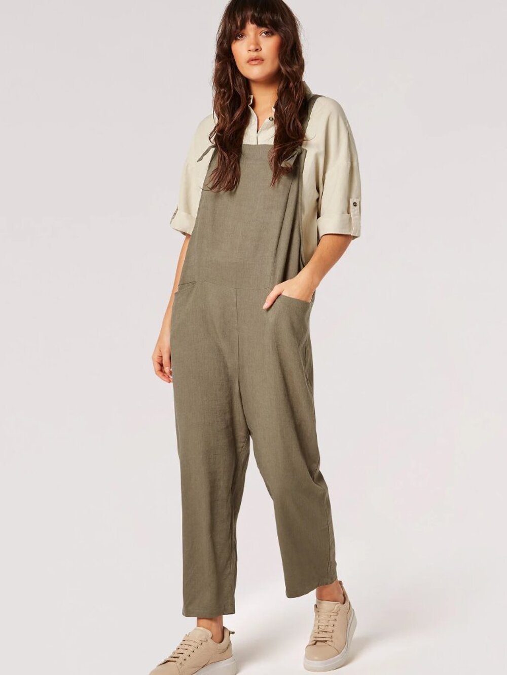 Apricot Olive Green Linen oversized overalls size 4